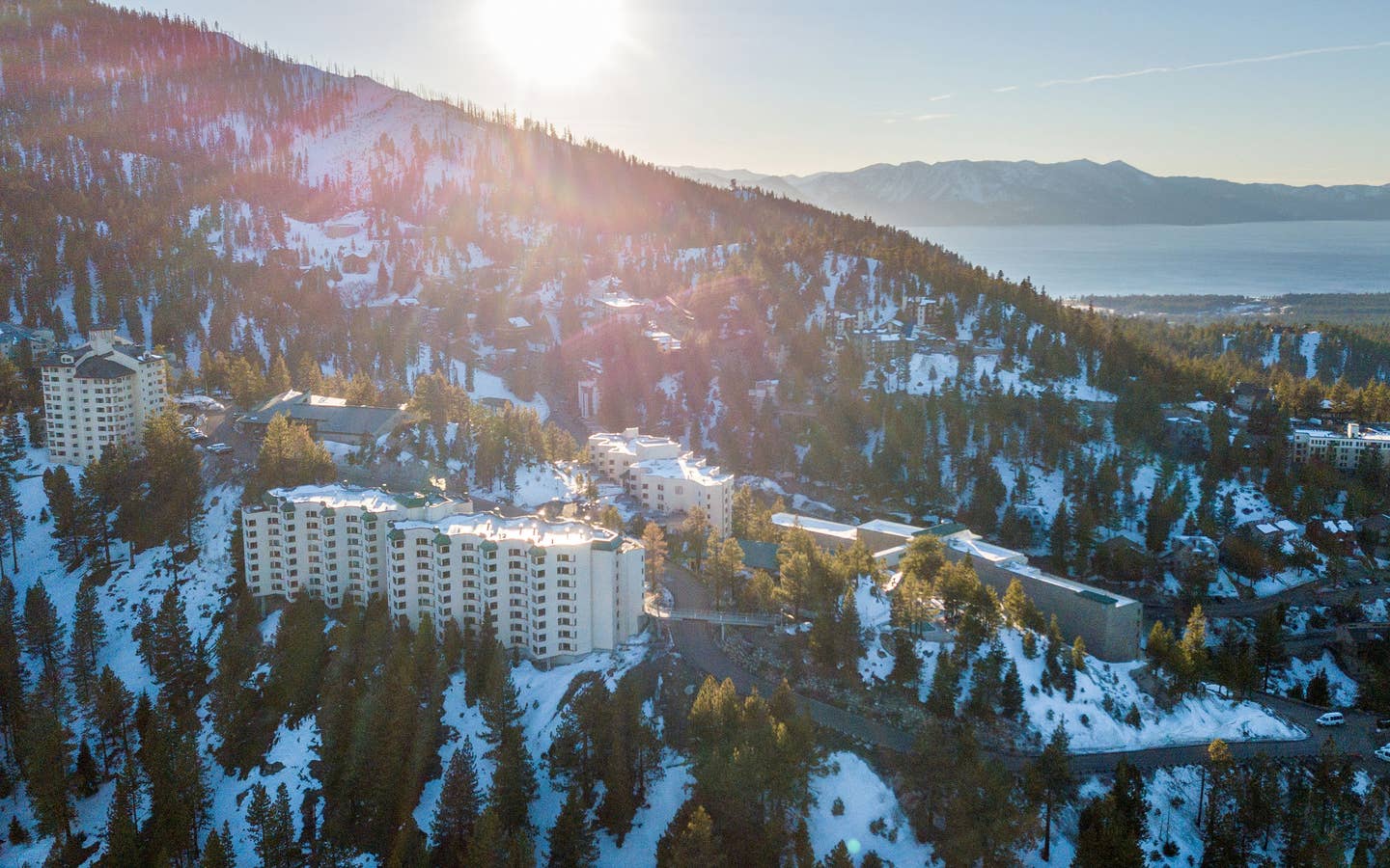 Exterior view of property on snowy hills at Tahoe Ridge Resort in Stateline, Nevada.