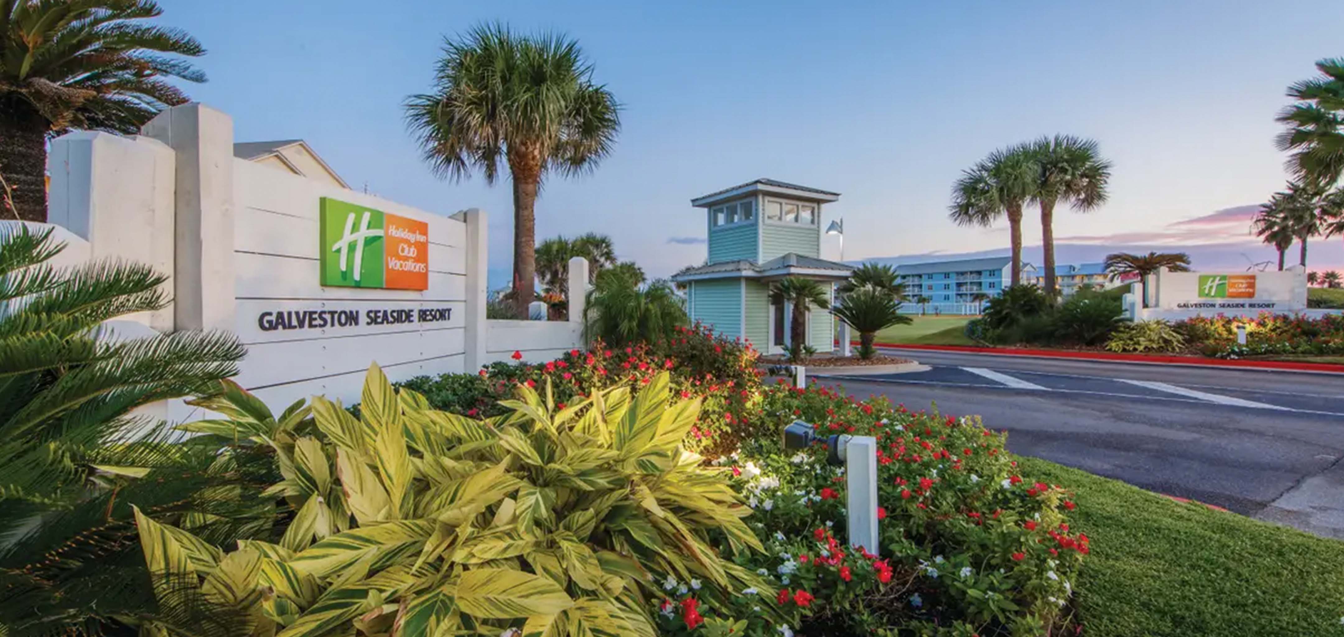 Galveston Seaside Resort main entrance and sign in Galveston, Texas.