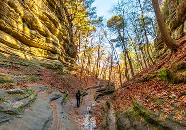 People hiking in Starved Rock State Park near Fox River Resort in Sheridan, Illinois.