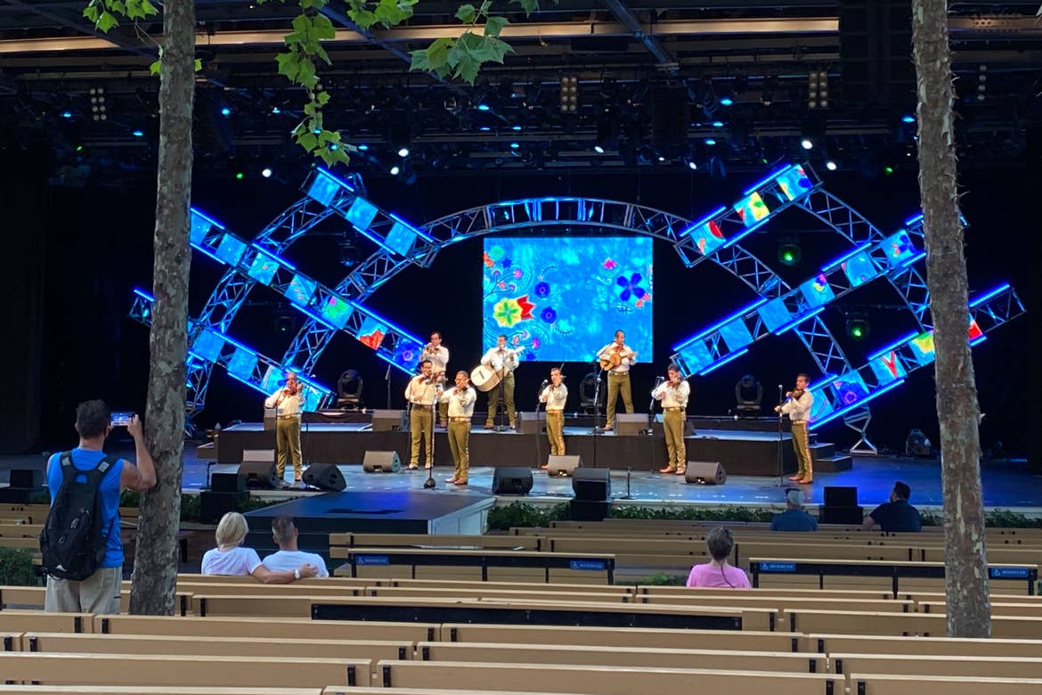 Mariachi Cobre performers in the America Gardens Theater are featured from the Mexico Pavilion as they deliver the warm, rich melodies of Mexican folkloric music.
