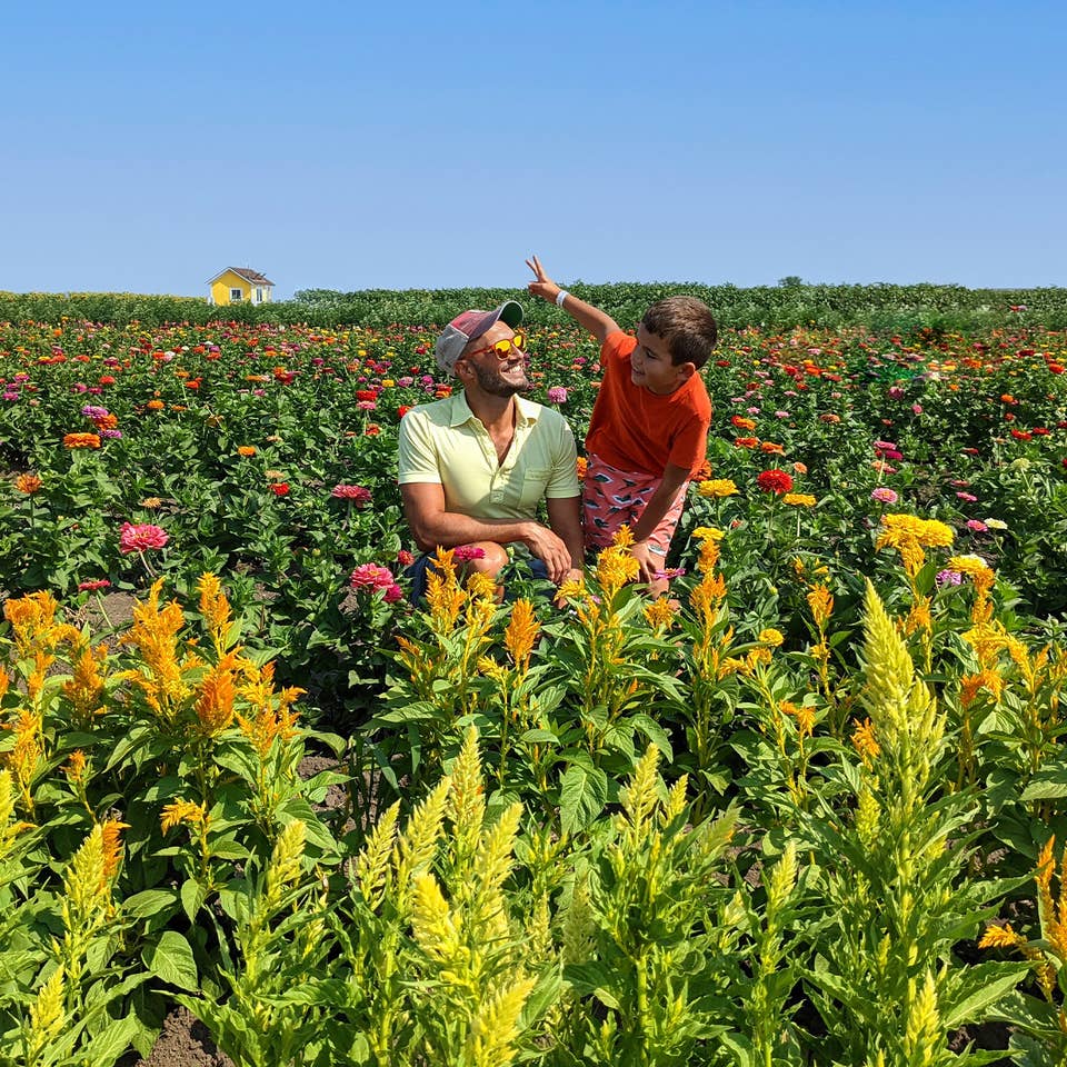 A young boy and man sit in the middle of a wildflower field.