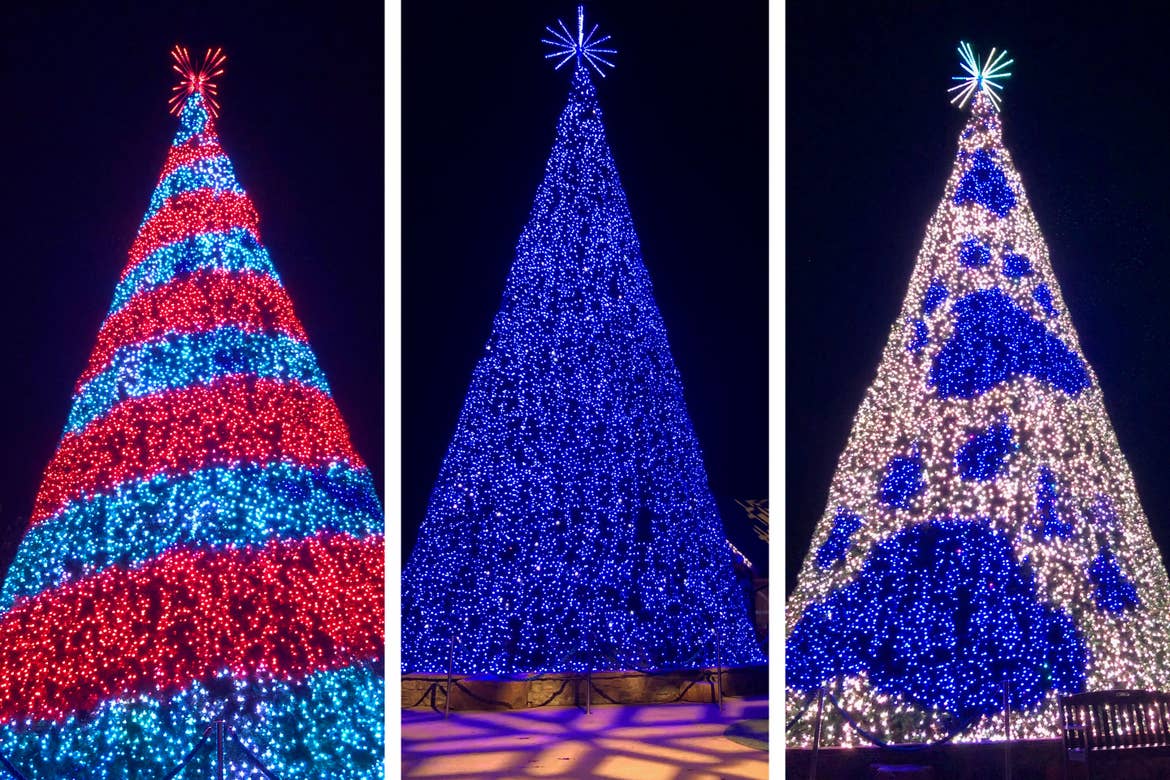 Three photos of a 50' tree made of LED Christmas lights in red and blue stripes (left), blue (middle) and white with blue paw prints (right) at 'Dollywood.'