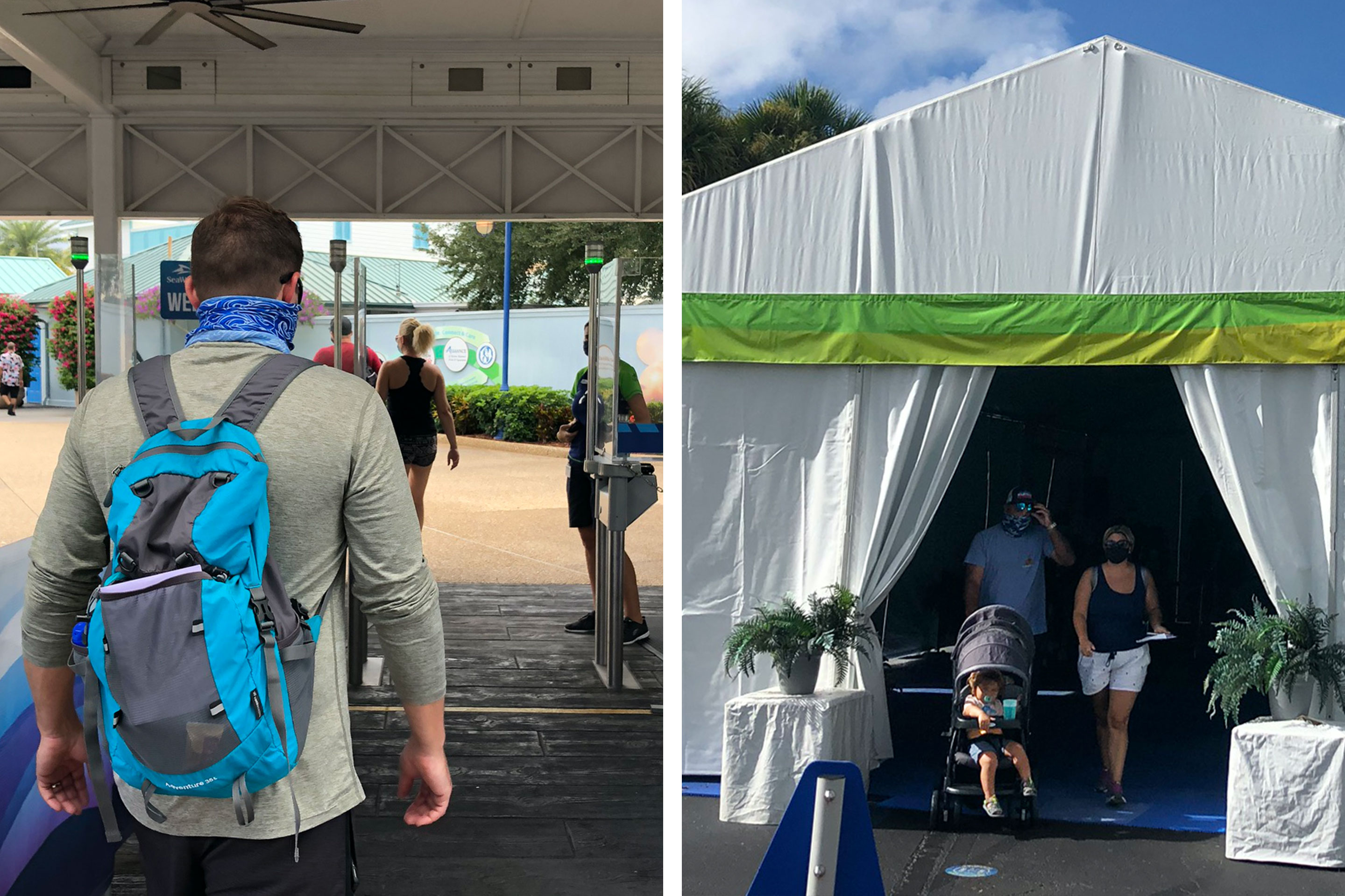 Left: Guest with blue backpack and grey hoodie enters through security checkpoint at the Maingate. Right: Three guests exit the Temperature Screening tent wearing masks.