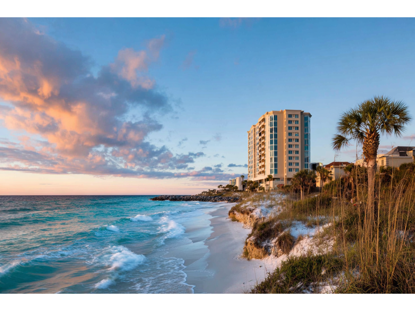 Clouds glowing pink float over rocky shoreline at sunset.