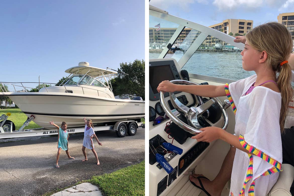 Left: Featured Contributor, Chris Johnston's two daughters, Kyler (left) and Kyndall (right), wear coverups in front of a white boat on a trailer. Right: Kyndall wears a white coverup while steering a white boat in the ocean.