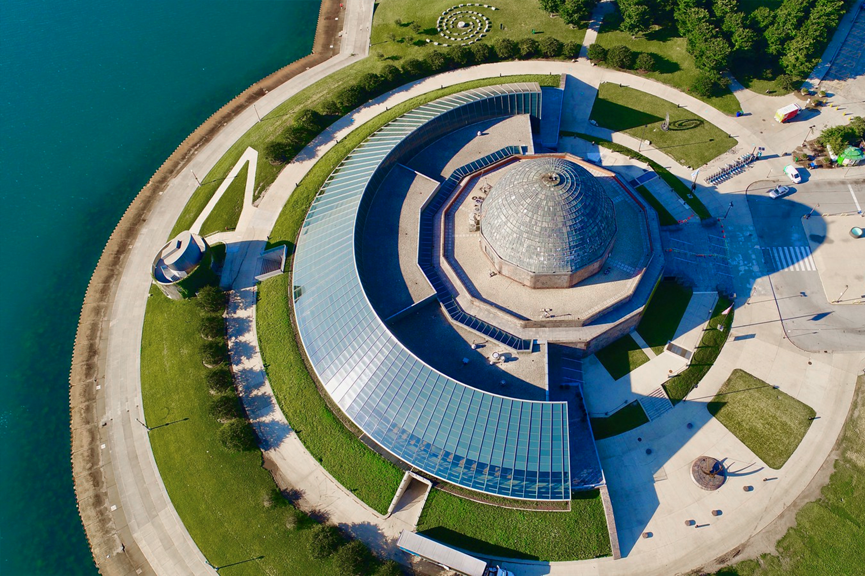 An aerial view of the Adler Planetarium near Lake Michigan.