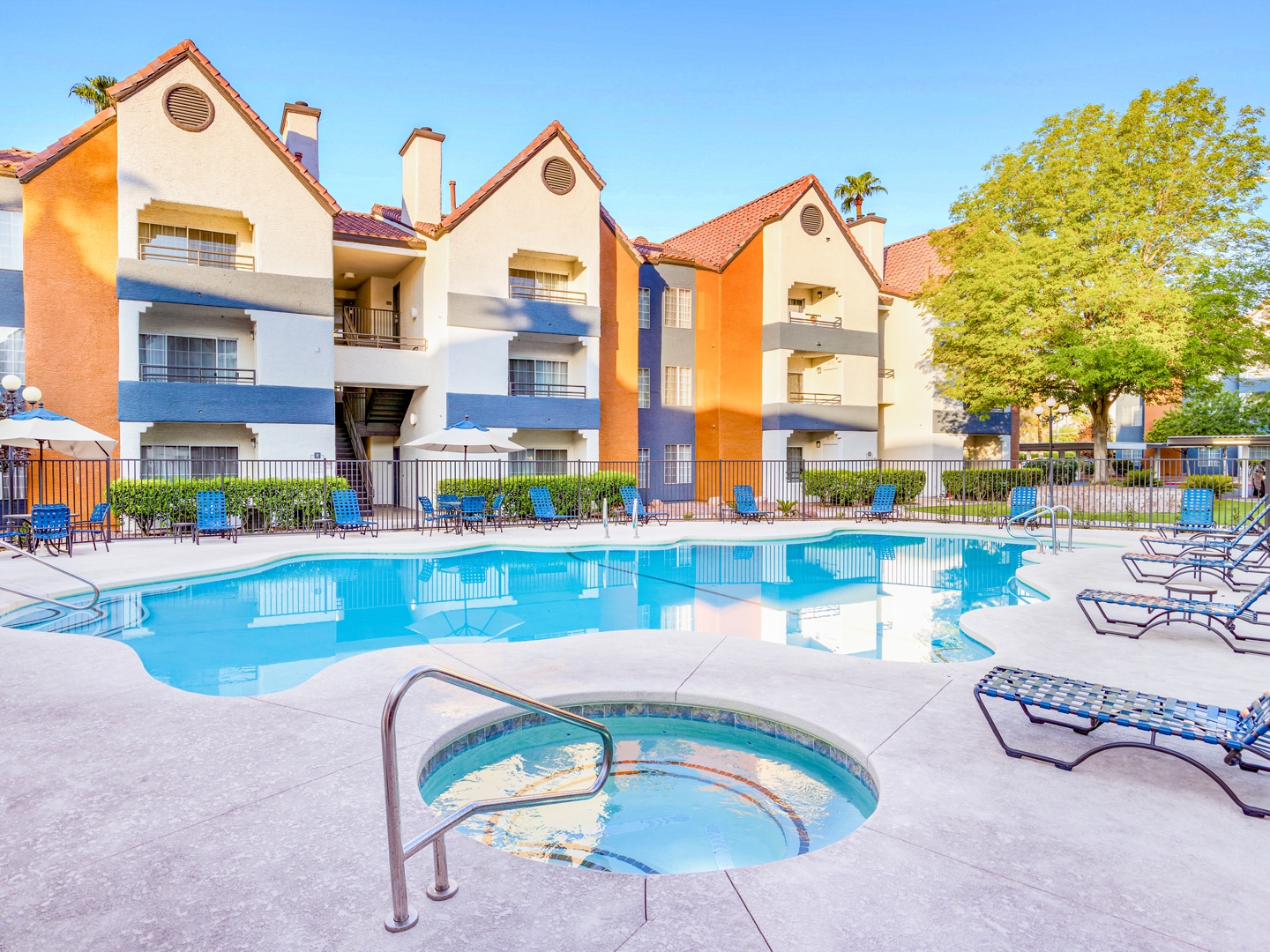Evening views of the pool at Desert Club Resort in Las Vegas.