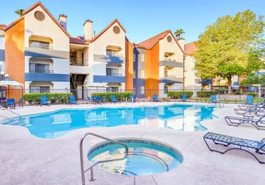 Evening views of the pool at Desert Club Resort in Las Vegas.