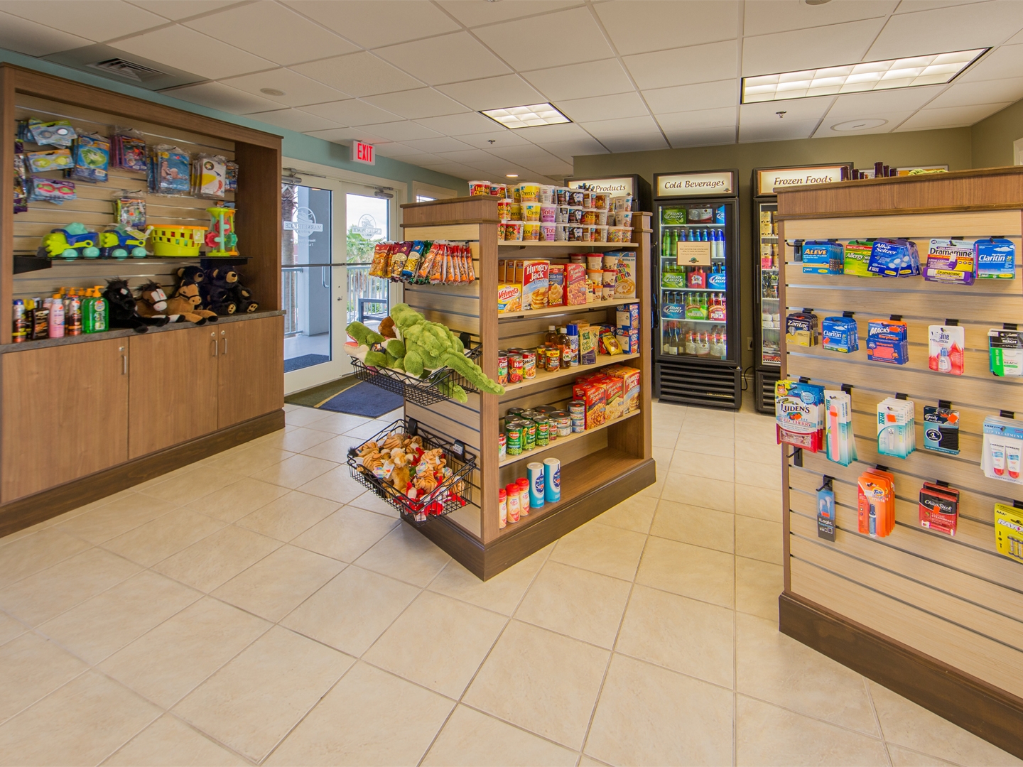 Marketplace with snacks and stuffed animals at Galveston Beach Resort in Texas.