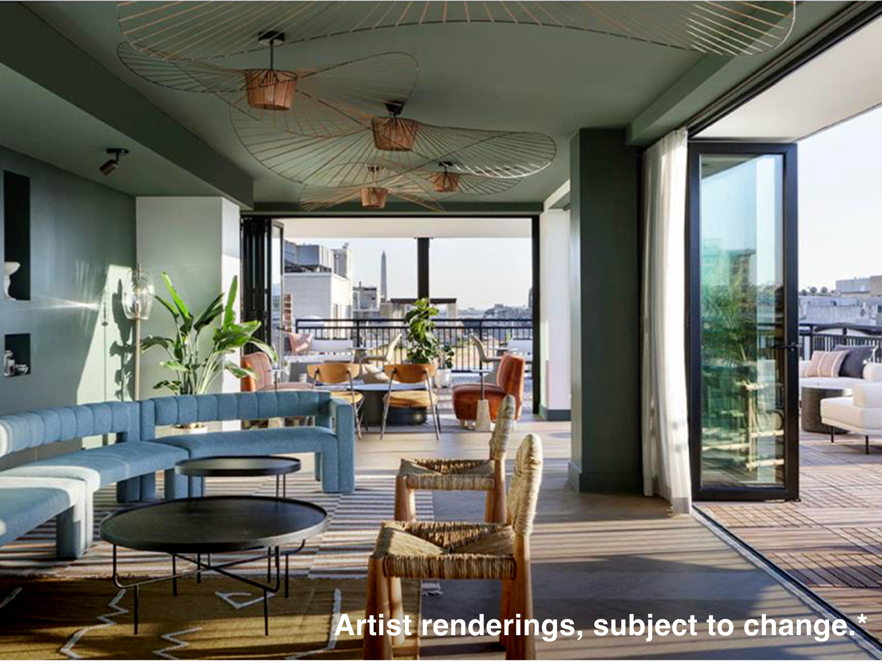 Artist rendering of Ladybird THE Rooftop Lounge and Bar with indoor-outdoor seating and Washington, D.C. views. 