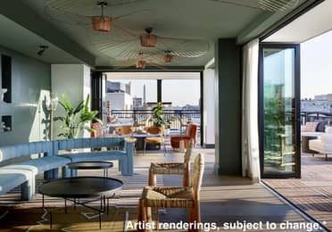 Artist rendering of Ladybird THE Rooftop Lounge and Bar with indoor-outdoor seating and Washington, D.C. views.