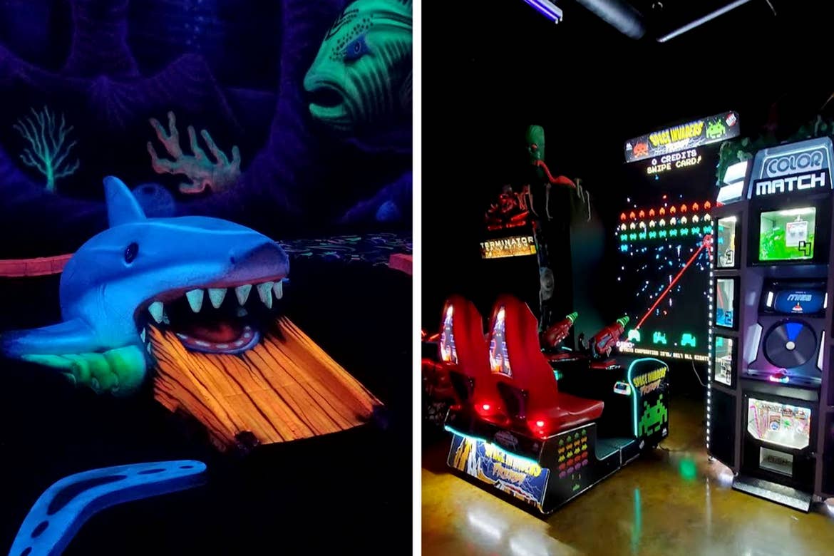 Left: An indoor mini-golf course painted with blacklight paint shows a shark eating a wooden plank. Right: An indoor gaming arcade station.
