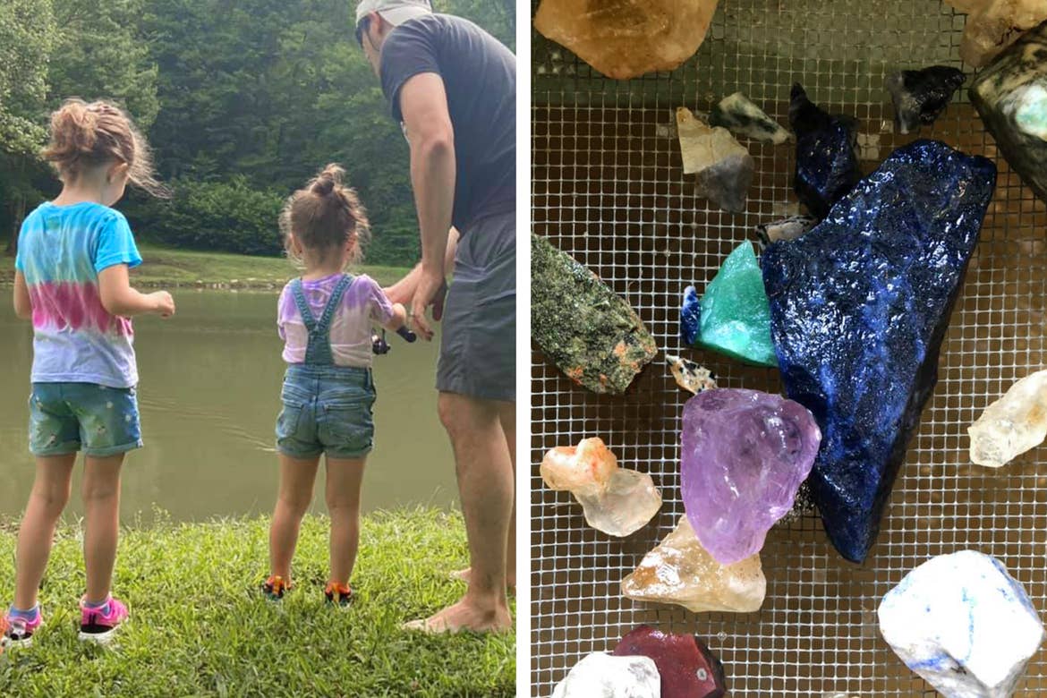 Left: Two girls learn how to fish in a nearby pond. Right: Various colored gemstones mined and cleaned.