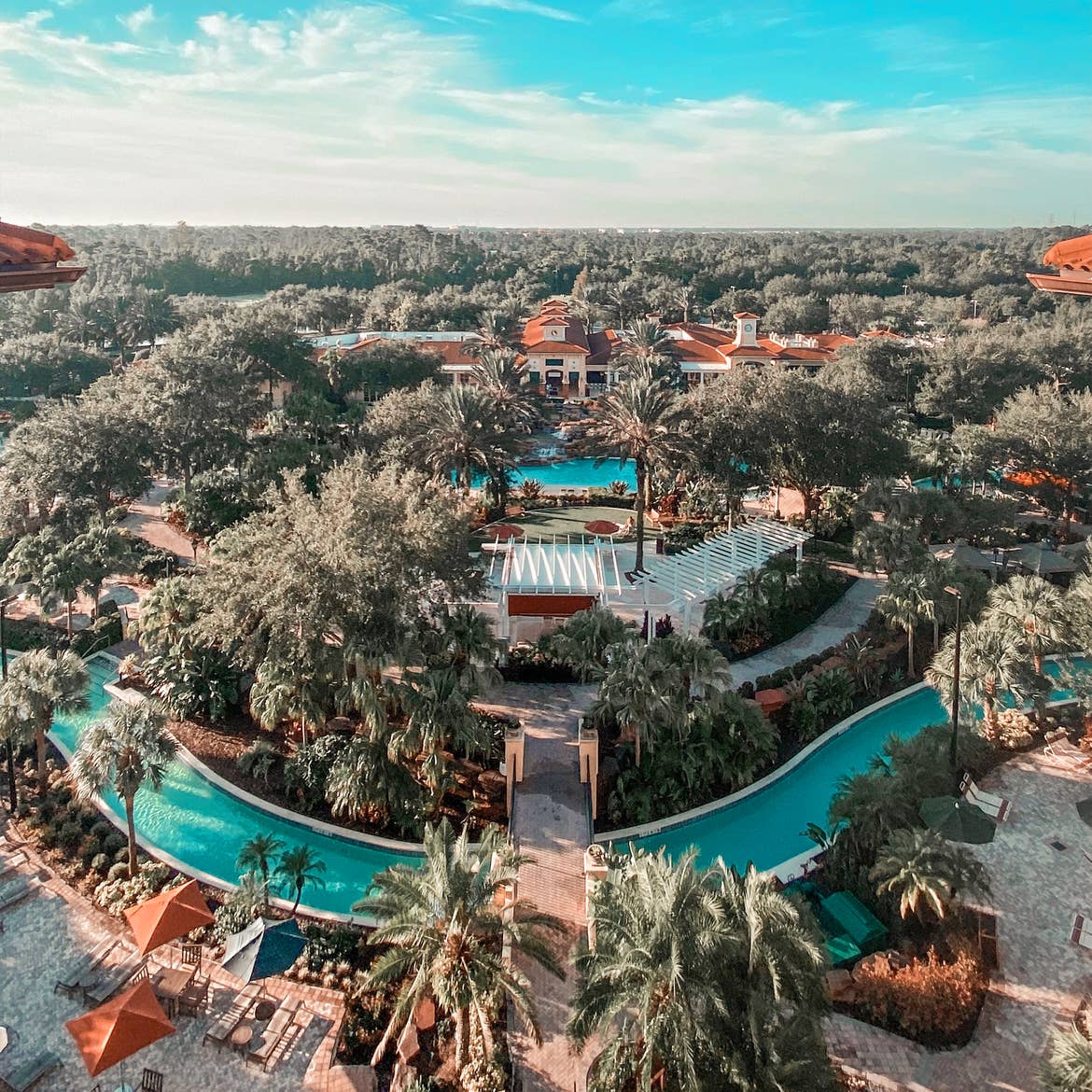 Aerial view of lazy river and The Exchange in River Island at Orange Lake Resort near Orlando, Florida