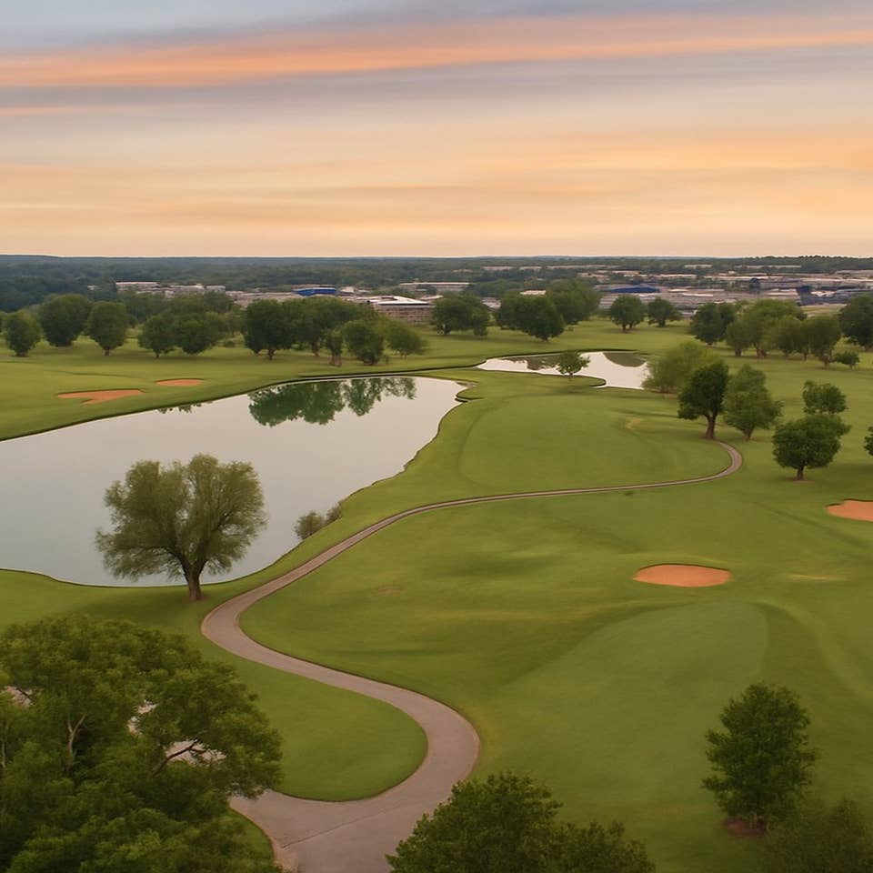 Aerial sunset view of Holiday Hills Resort championship golf course with lakes and fairways in Branson, Missouri