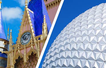 Left: Cinderella's Castle at Magic Kingdom. Right: Spaceship Earth at EPCOT.