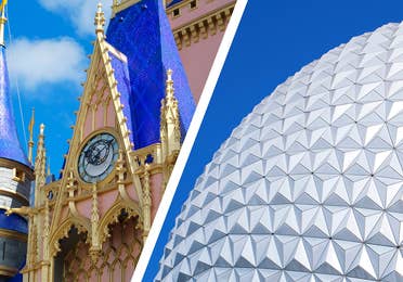 Left: Cinderella's Castle at Magic Kingdom. Right: Spaceship Earth at EPCOT.