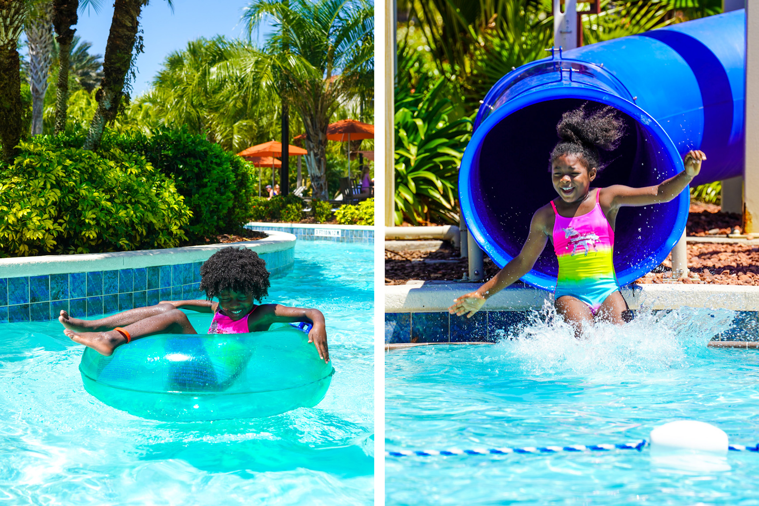 Left: A young girl floats along our lazy river at Orange Lake Resort located in Orlando, FL. Right: A young girl emerges from a blue water slide into the pool.