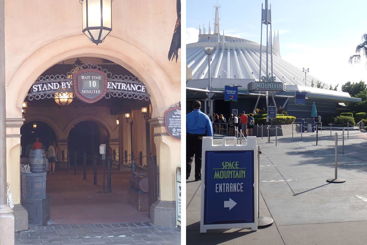 Left: Pirates of the Caribbean queue exterior with Wait Time signage. Right: Space Mountain queue exterior with Wait Time signage and Safety Tape to maintain social distancing.