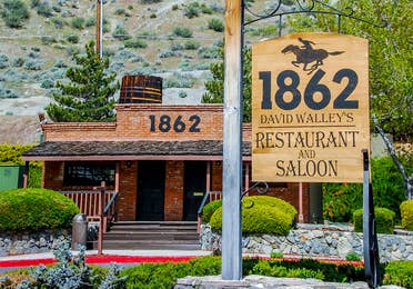 Exterior view of building and sign at 1862 David Walley's Restaurant and Saloon at David Walley's Resort in Genoa, Nevada.