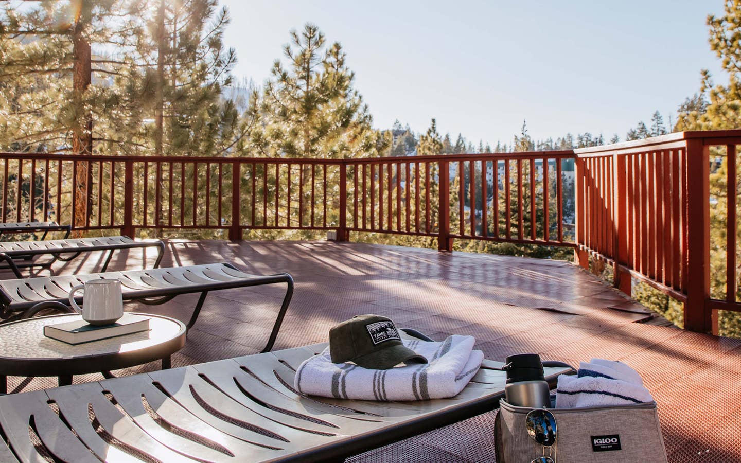 Balcony with pool chairs looking onto mountains at Tahoe Ridge Resort in Stateline, Nevada.