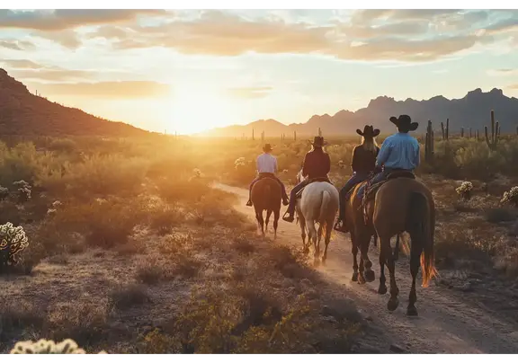 Family horseback riding at sunset near Scottsdale Arizona desert.