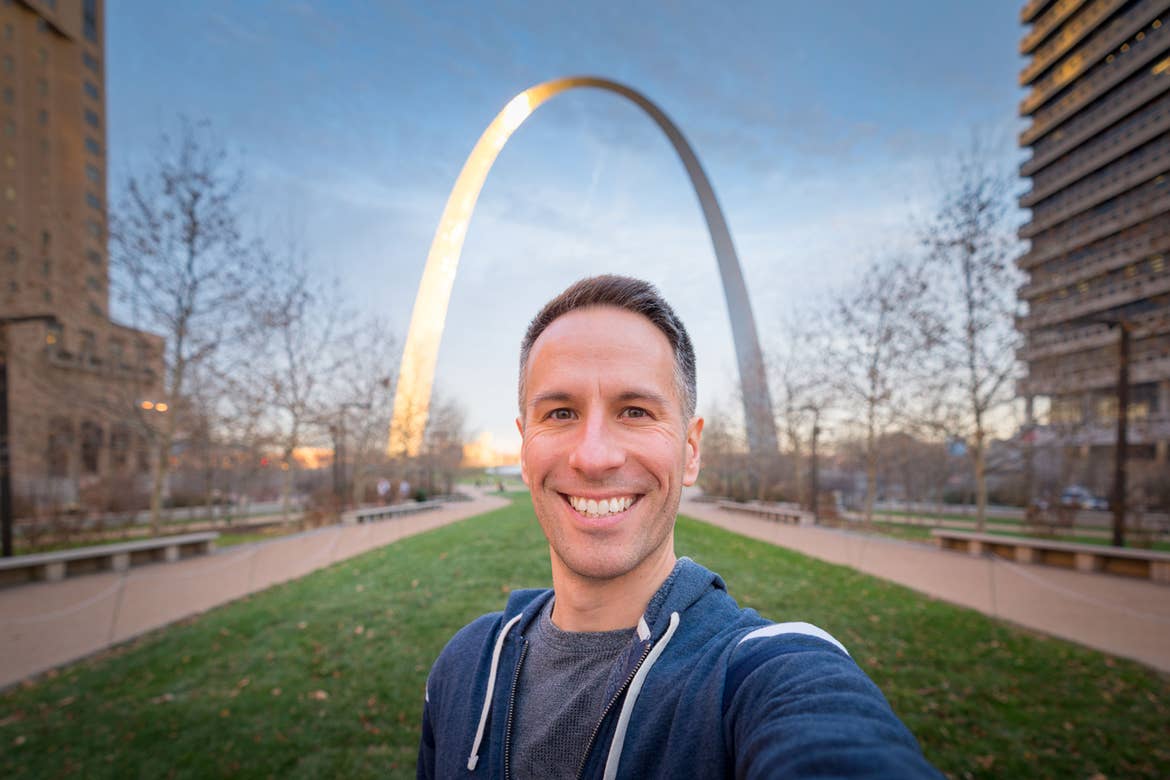 Author, Anthony LeDonne, stands in front of the st. Louis Arch located in St. Louis, Missouri.