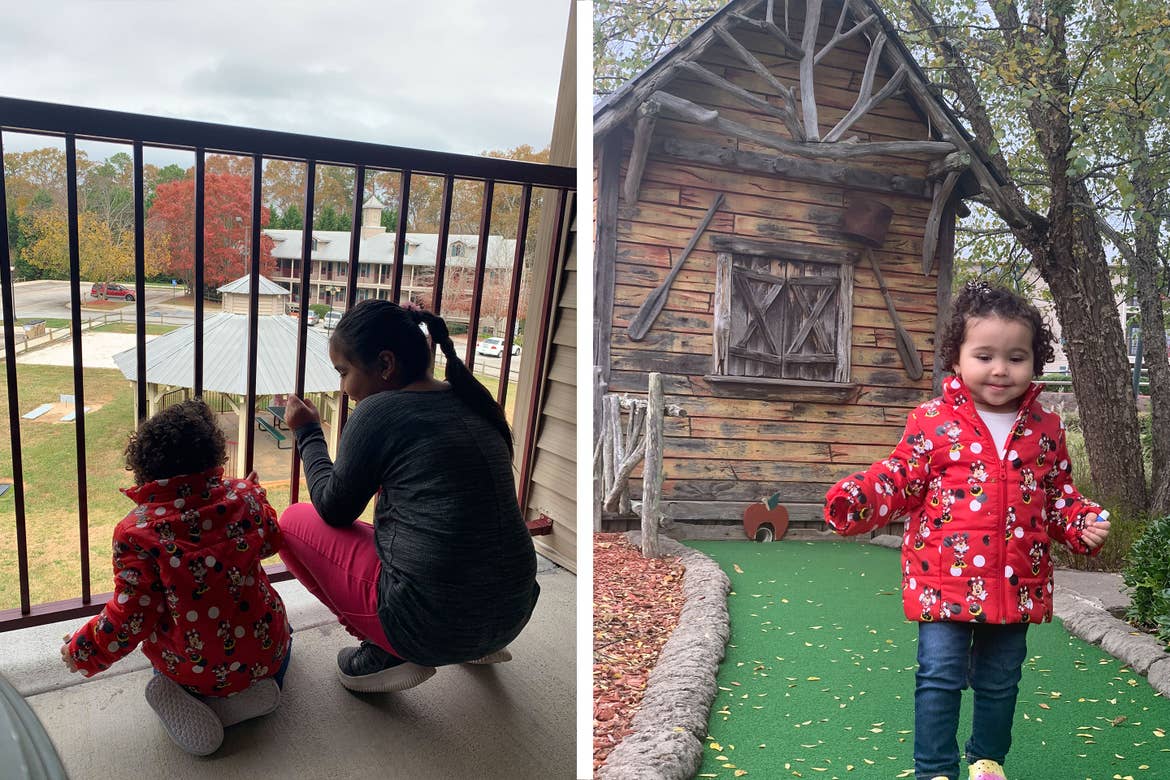 Left: Featured author, Andrea Beltran's, niece's peer from their Apple Mountain resort villa patio.Right: Featured author, Andrea Beltran's, niece walks around the miniature golf course.