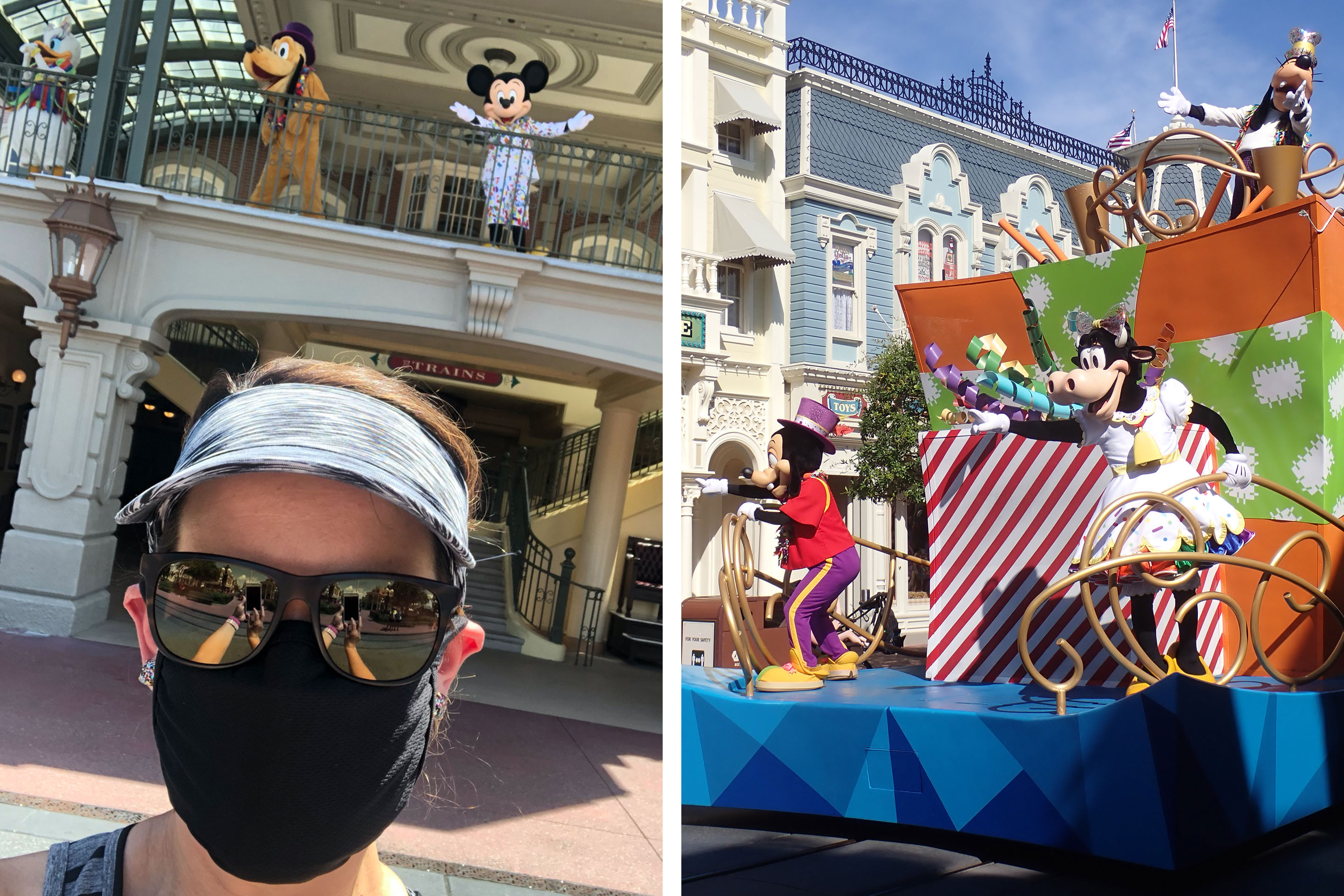 Left: Featured author, Jennifer Harmon, appearing with Mickey and the Gang at Main Street Train Station.Right: Spontaneous character cavalcade float with Max, Goofy and Clarabelle.