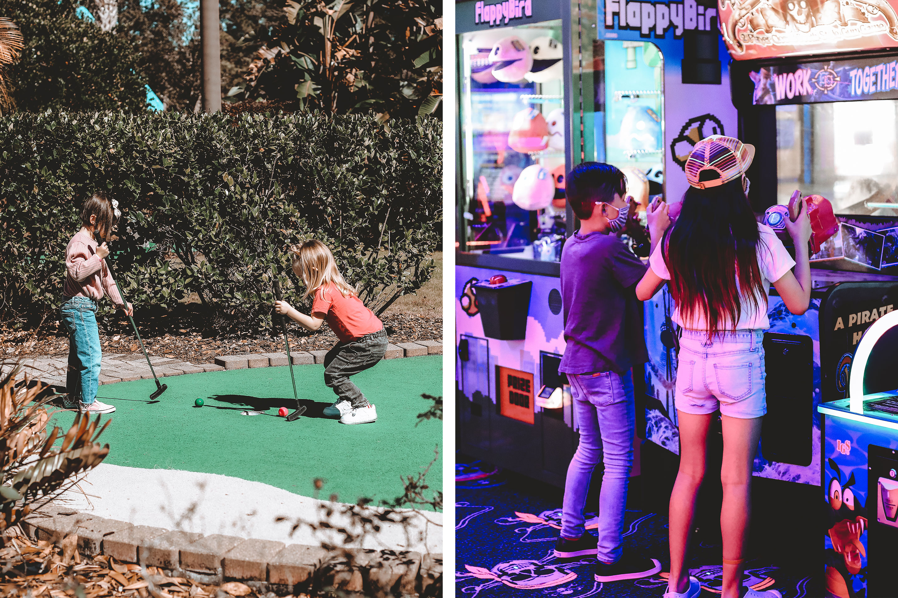 Left: Poppy Bleu (left) and her cousin (right) play mini golf at our Orange Lake resort located in Orlando, Florida. Right: Grey (left) and his cousin (right) play in the arcade at our Orange Lake resort located in Orlando, Florida.