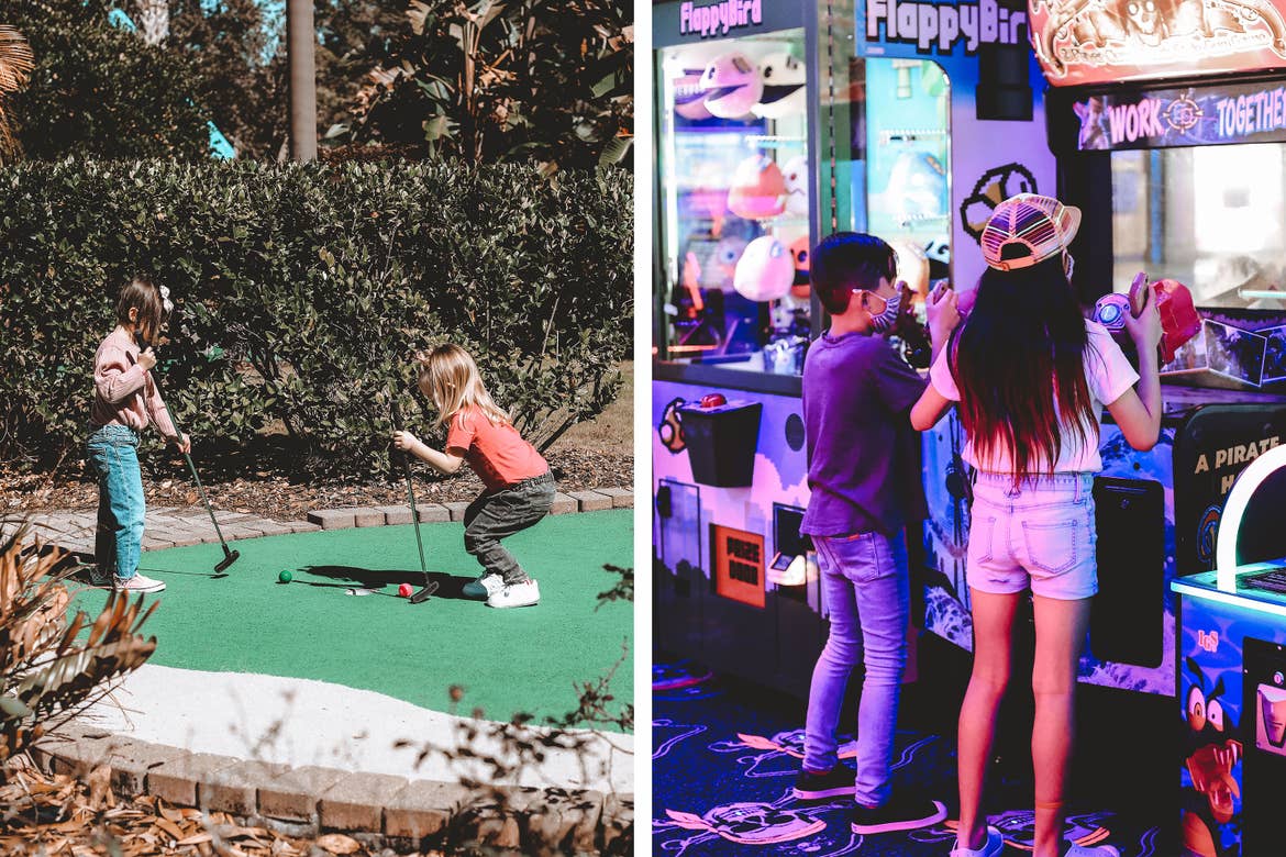 Left: Poppy Bleu (left) and her cousin (right) play mini golf at our Orange Lake resort located in Orlando, Florida. Right: Grey (left) and his cousin (right) play in the arcade at our Orange Lake resort located in Orlando, Florida.