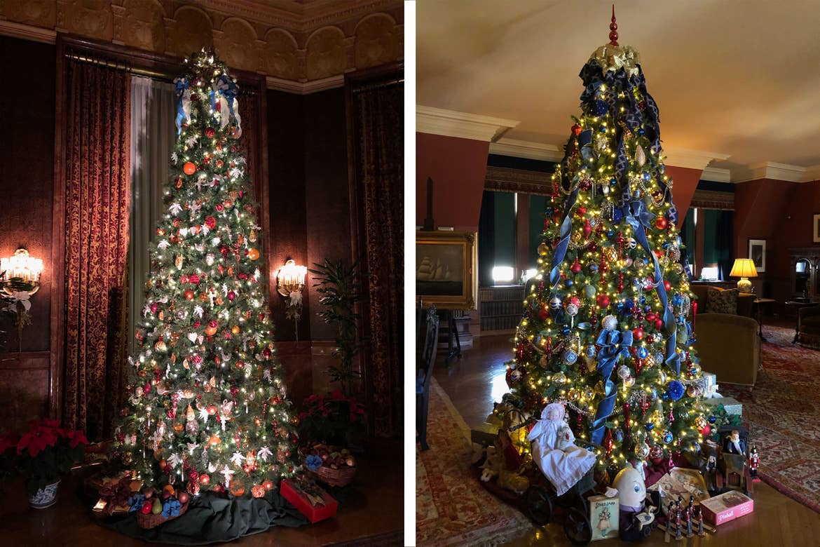 Left: A large Christmas tree decorated with cascading red ribbons and various ornaments. Right: A large Christmas tree decorated with cascading blue ribbons, various ornaments and toys beneath the tree.