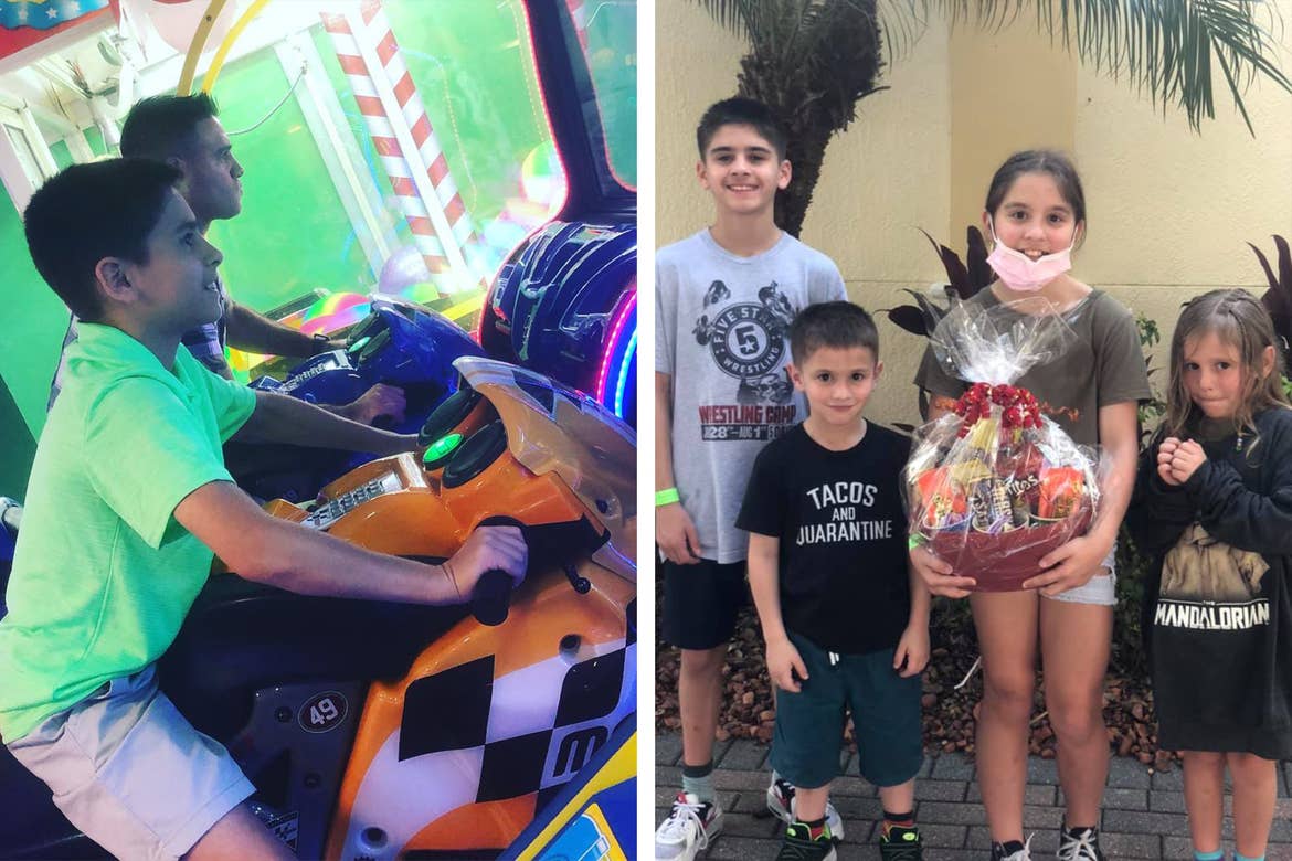 Left: Sara Perez's son (front) and husband (back) sit on arcade motorbikes and race. Right: Sara Perezes four children stand next to each other while holding a gift basket outside of our Orange Lake Resort yellow exterior.