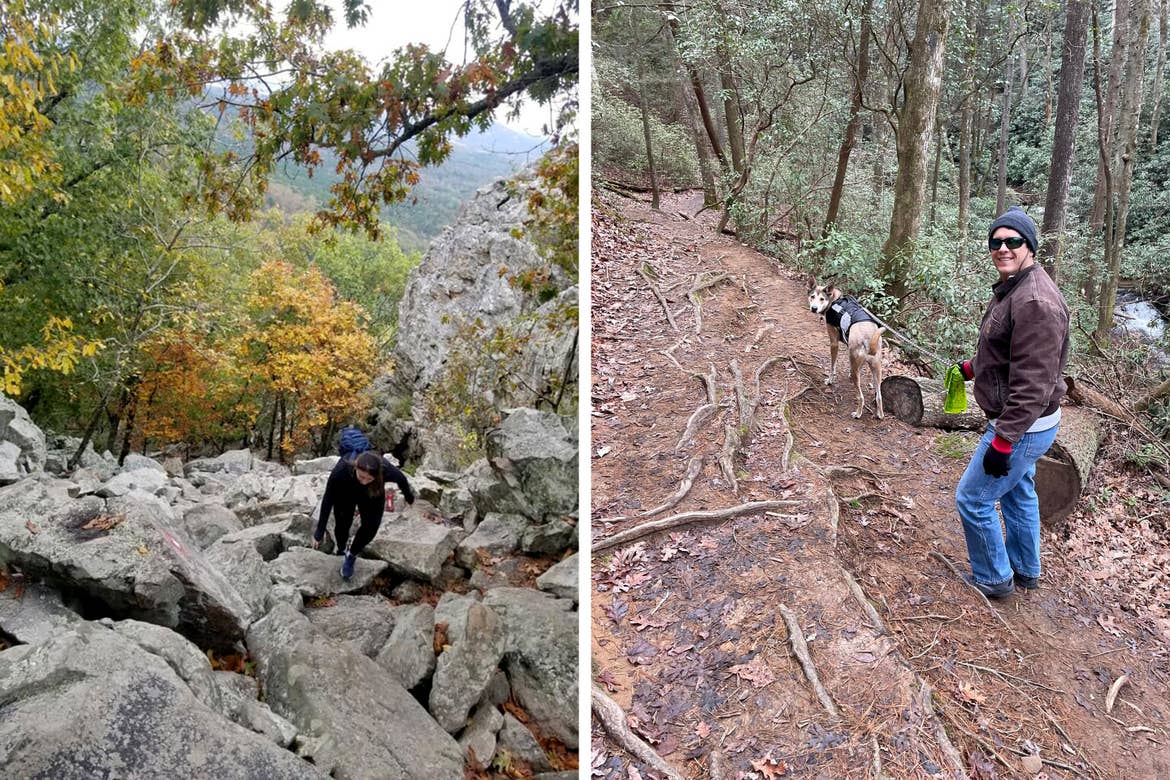 Left: A woman wearing black hiking apparel and a blue backpack scales up rocky terrain. Right: A man in hiking apparel walks a dog on a dirt trail.