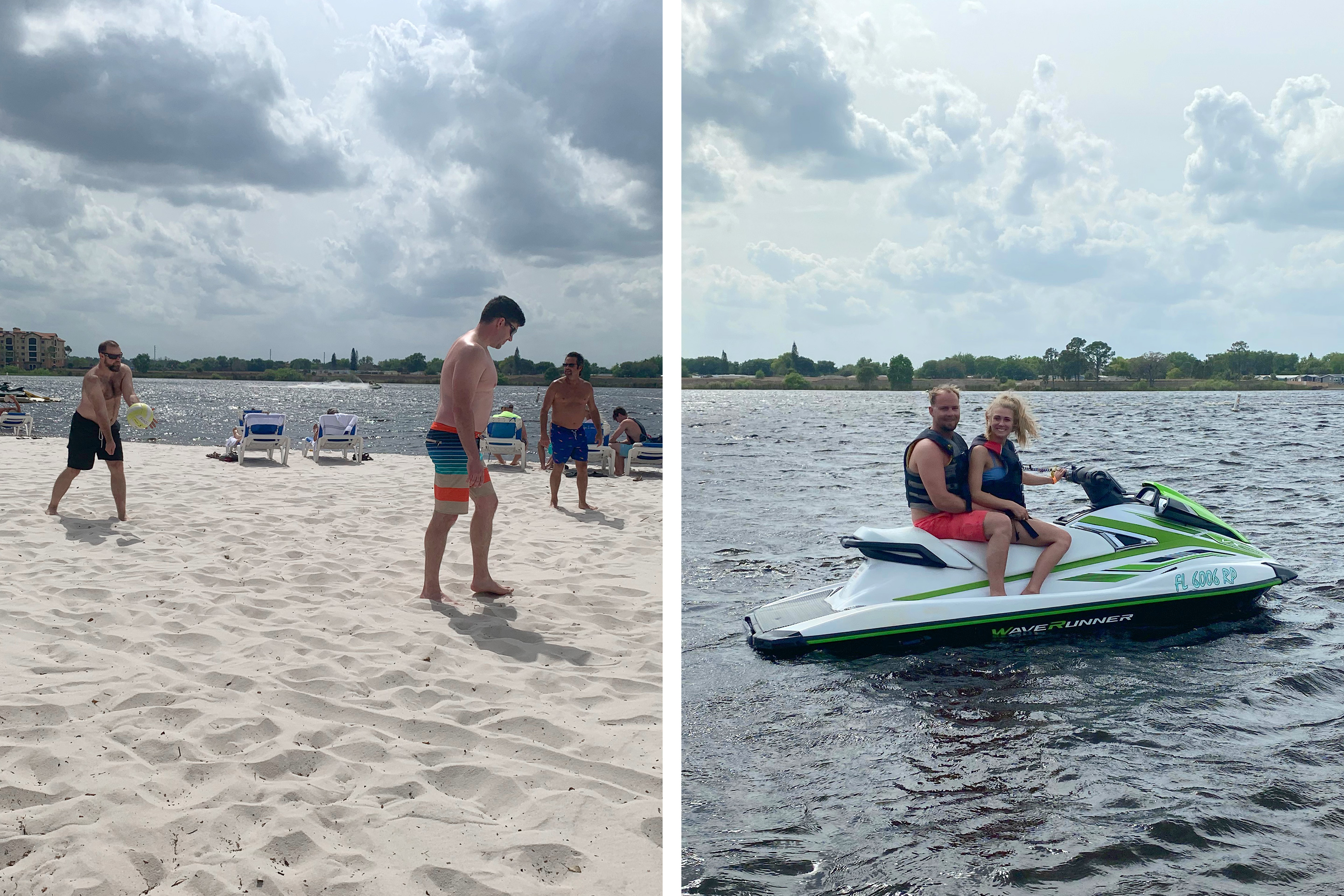 Left: Three men wearing swim trunks play beach volleyball near a body of water. Right: A male (left) and female (right) wearing swimwear and black life vests sit on a Jet Ski wading in a body of water.