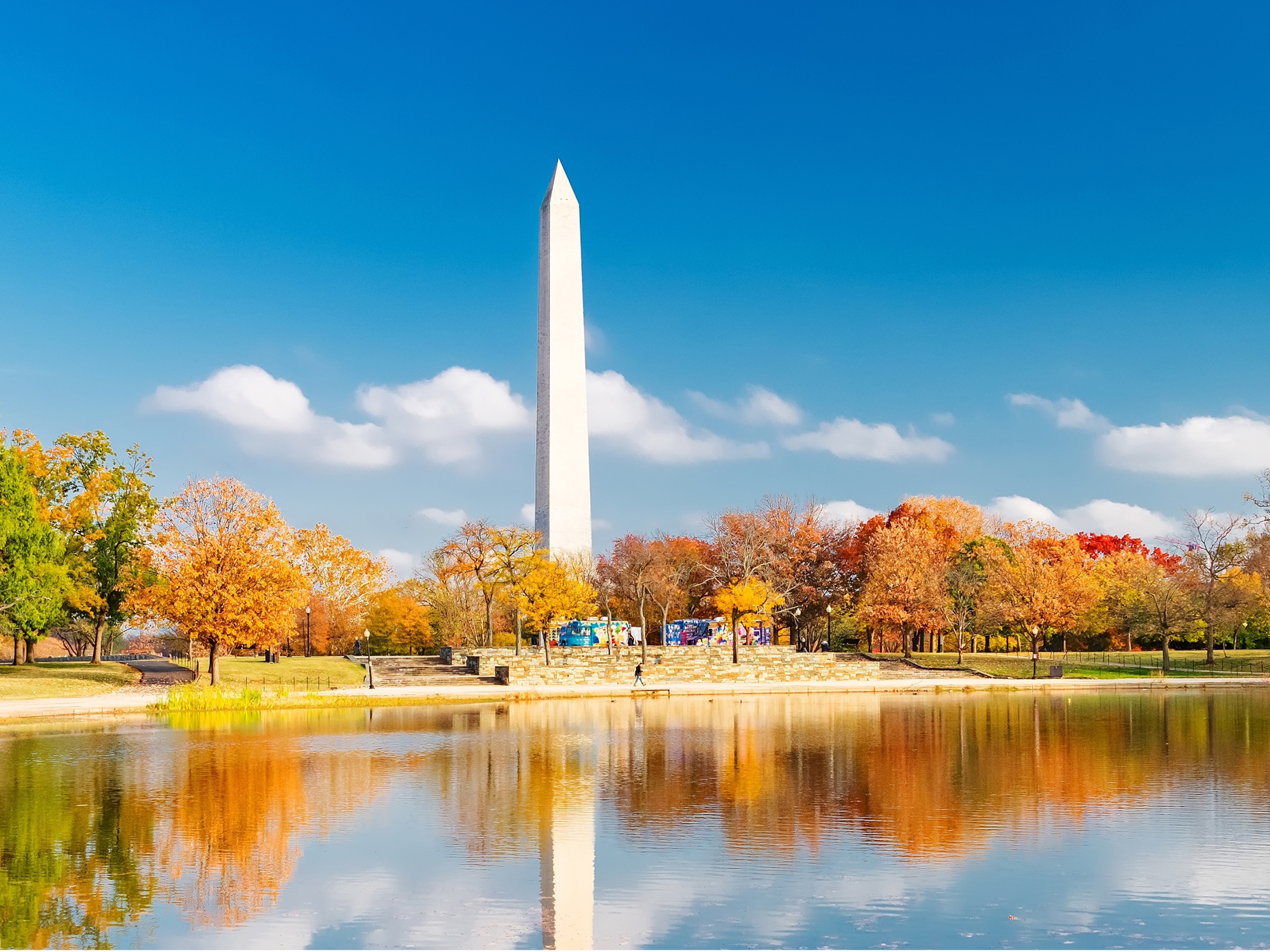 Washington Monument reflected in the National Mall pond during autumn in Washington, D.C. 