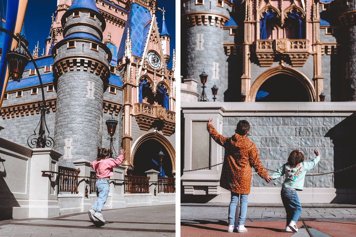 Left: Roux skips in front of Cinderella's Castle at Magic Kingdom Park at Walt Disney World® Resort wearing a pink sweater and jeans. Right: Grey (left) wears an orange jacket and Poppy Blue (right) wears a blue sweatshirt in front of Cinderella's Castle.