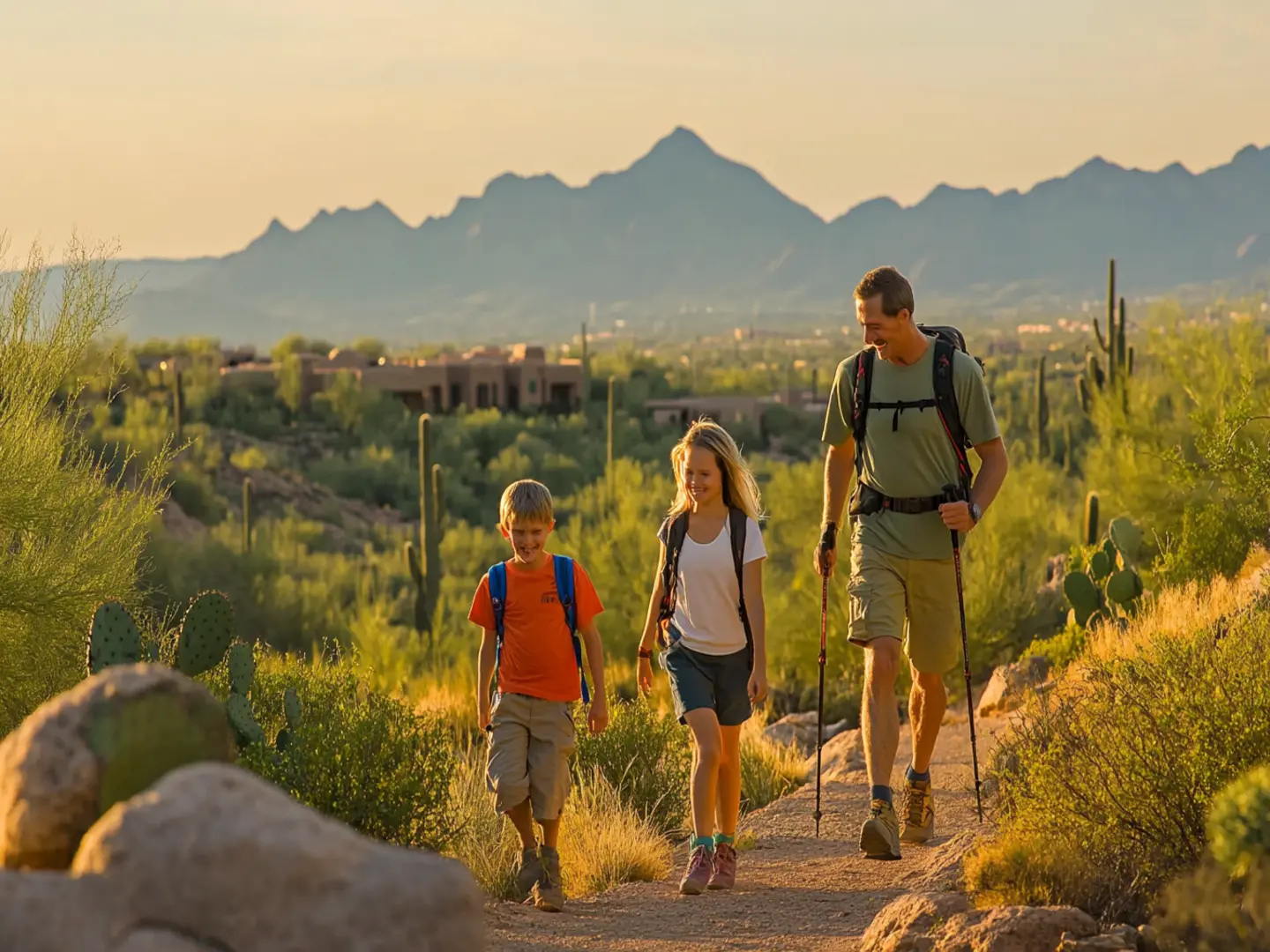 A family hiking along a scenic trail in the McDowell Scottsdale AZ resort