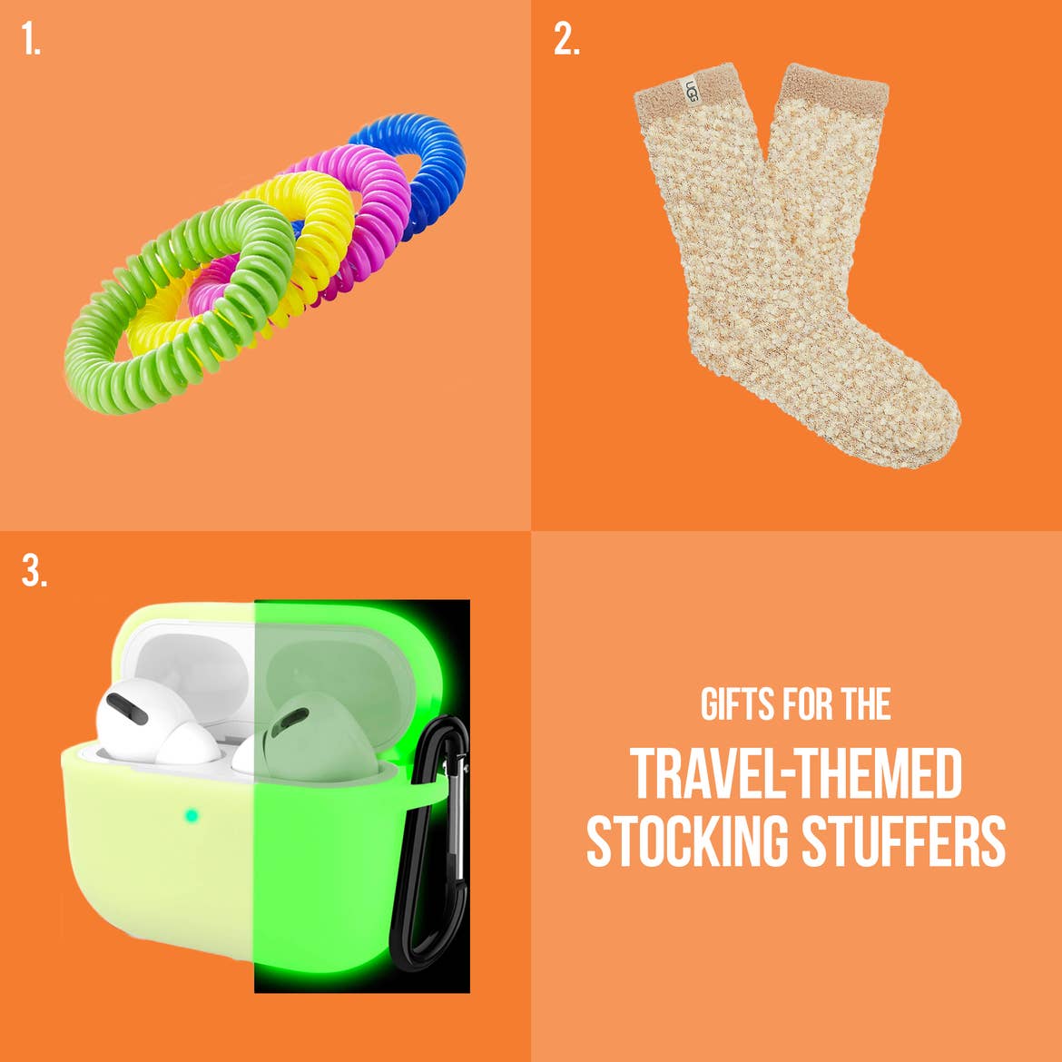 Several multi-colored wristbands, a pair of fuzzy socks, and a glow-in-the-dark air-pod case image are placed on top of an orange graphic that reads, 'Gifts for the Travel-themed Stocking Stuffers.'