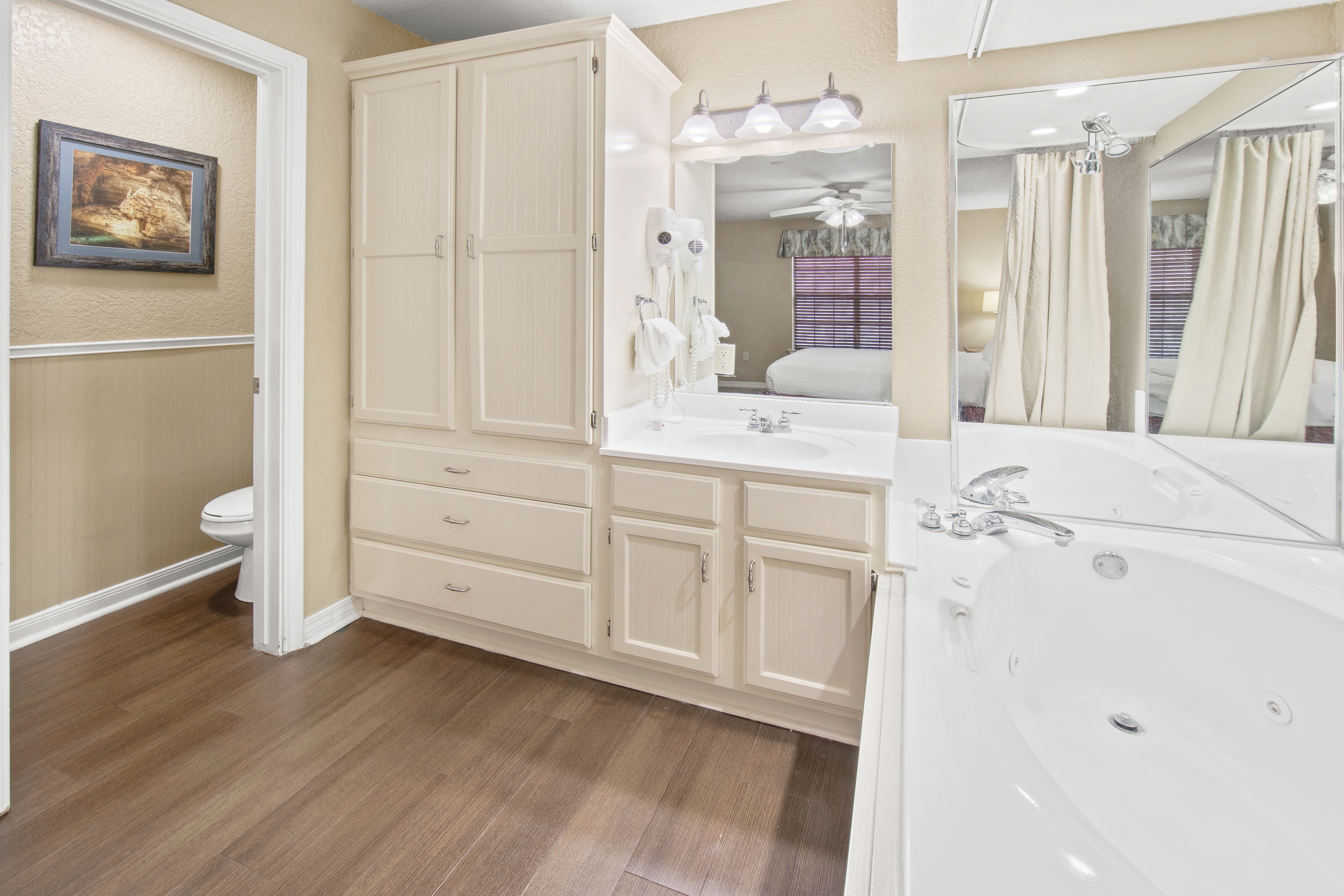 Bathroom in a two-bedroom lodge villa at the Hill Country Resort in Canyon Lake, Texas.