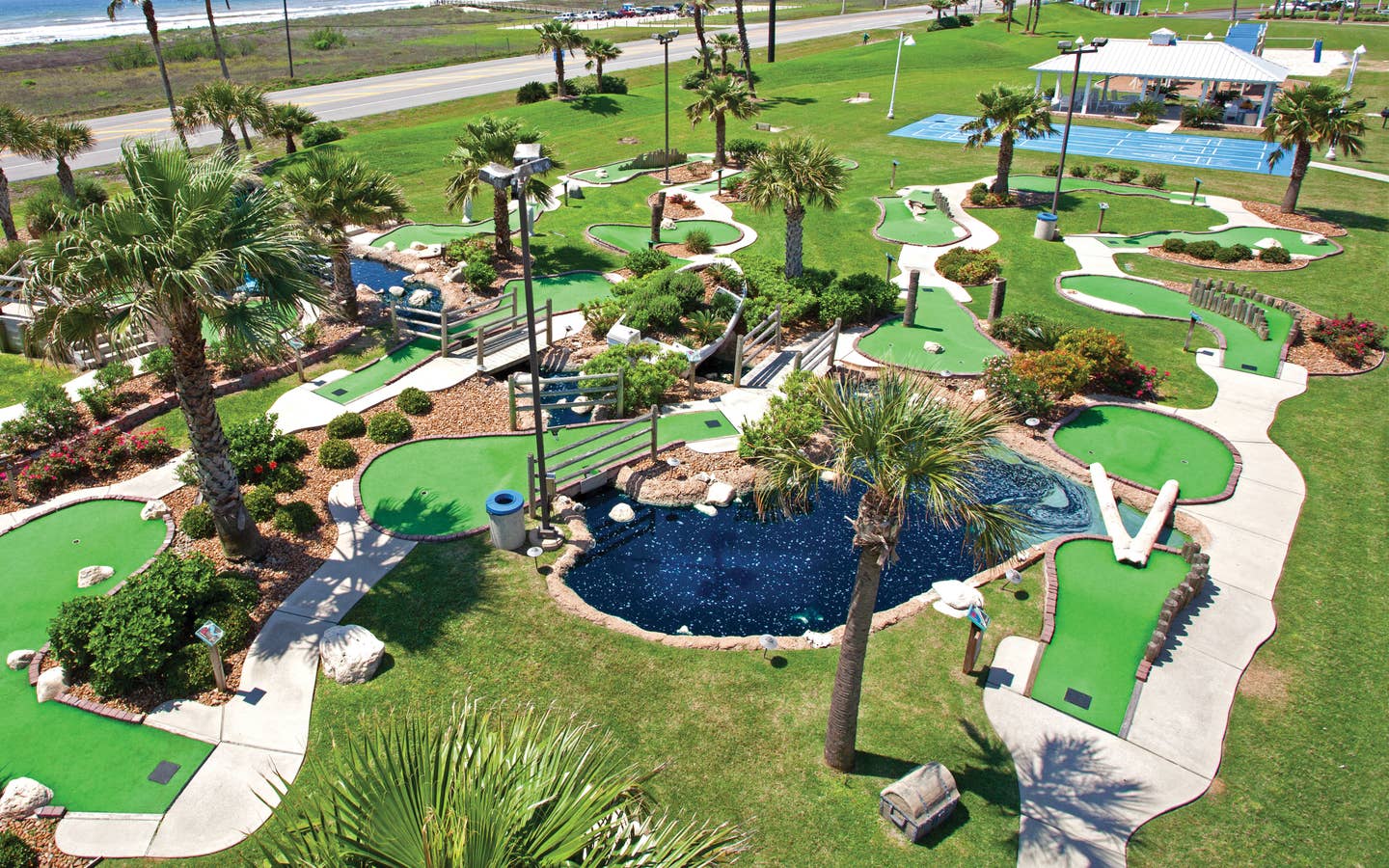 Aerial view of outdoor mini golf course at Galveston Seaside Resort.