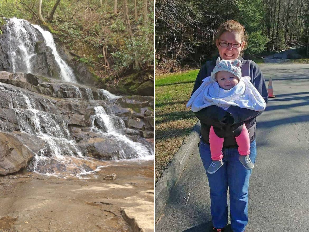 Collage of waterfall and Becca with her daughter