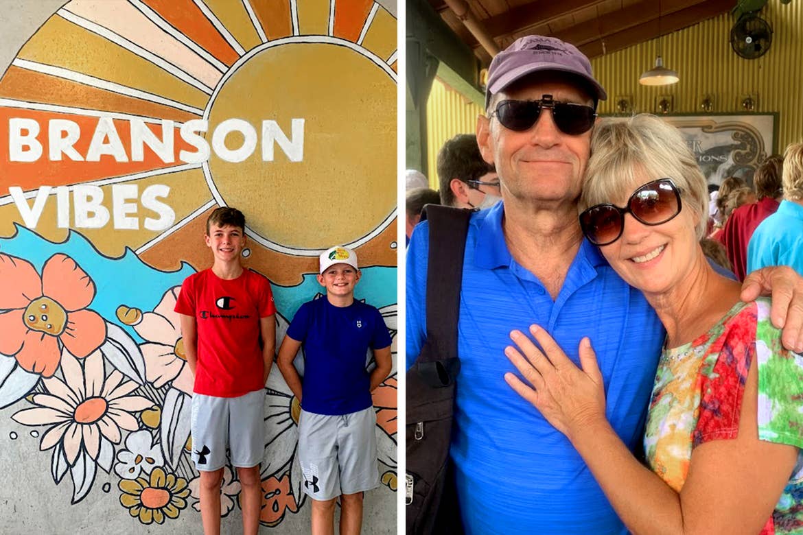 Left: Two boys stand in front of a mural that reads,  'Branson Vibes'. Right: A man hug in the queue of an outdoor roller coaster.