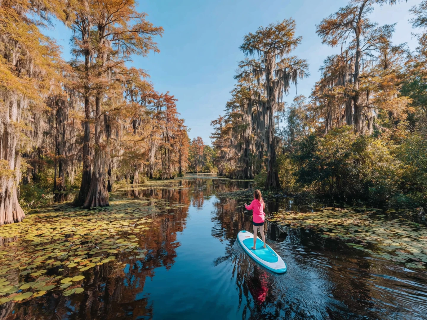 Person paddleboarding in clear spring waters near Orlando.