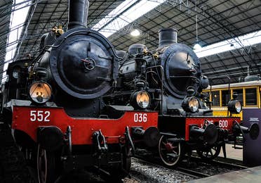 Image of two trains at the Railroad Museum near Galveston Beach, TX.