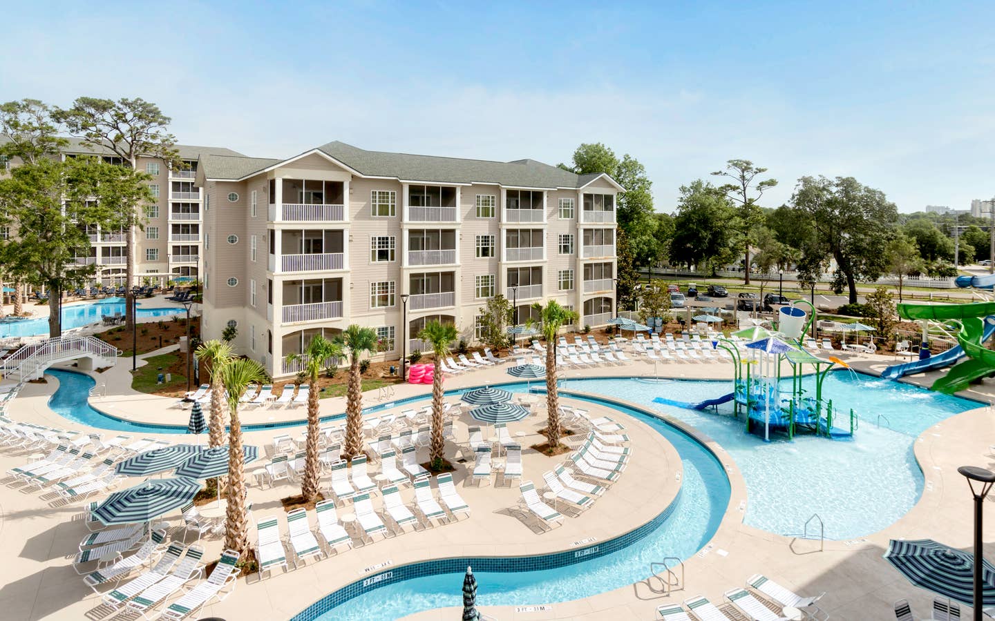 Aerial view of the pool and exterior of South Beach Resort in Myrtle Beach, South Carolina.