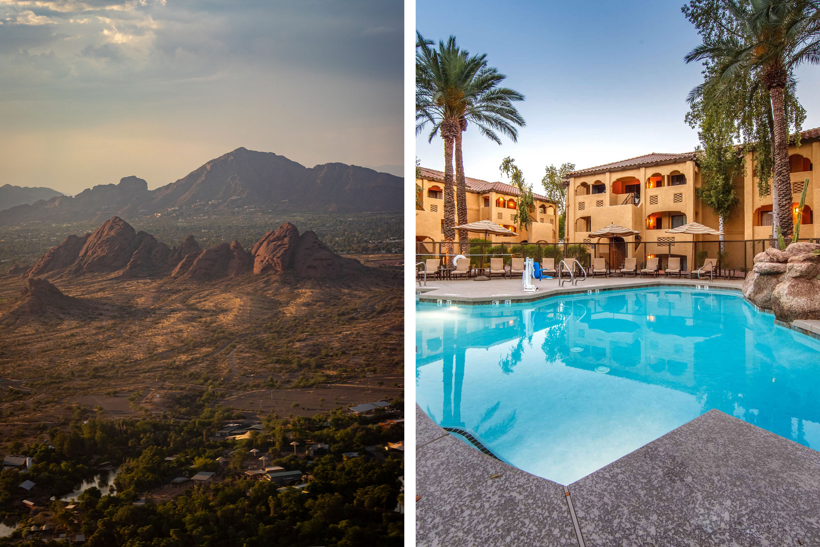 Left: A shot of the landscape featuring the peaks of camelback Mountain. Right: An exterior shot of our Scottsdale Resort pool.