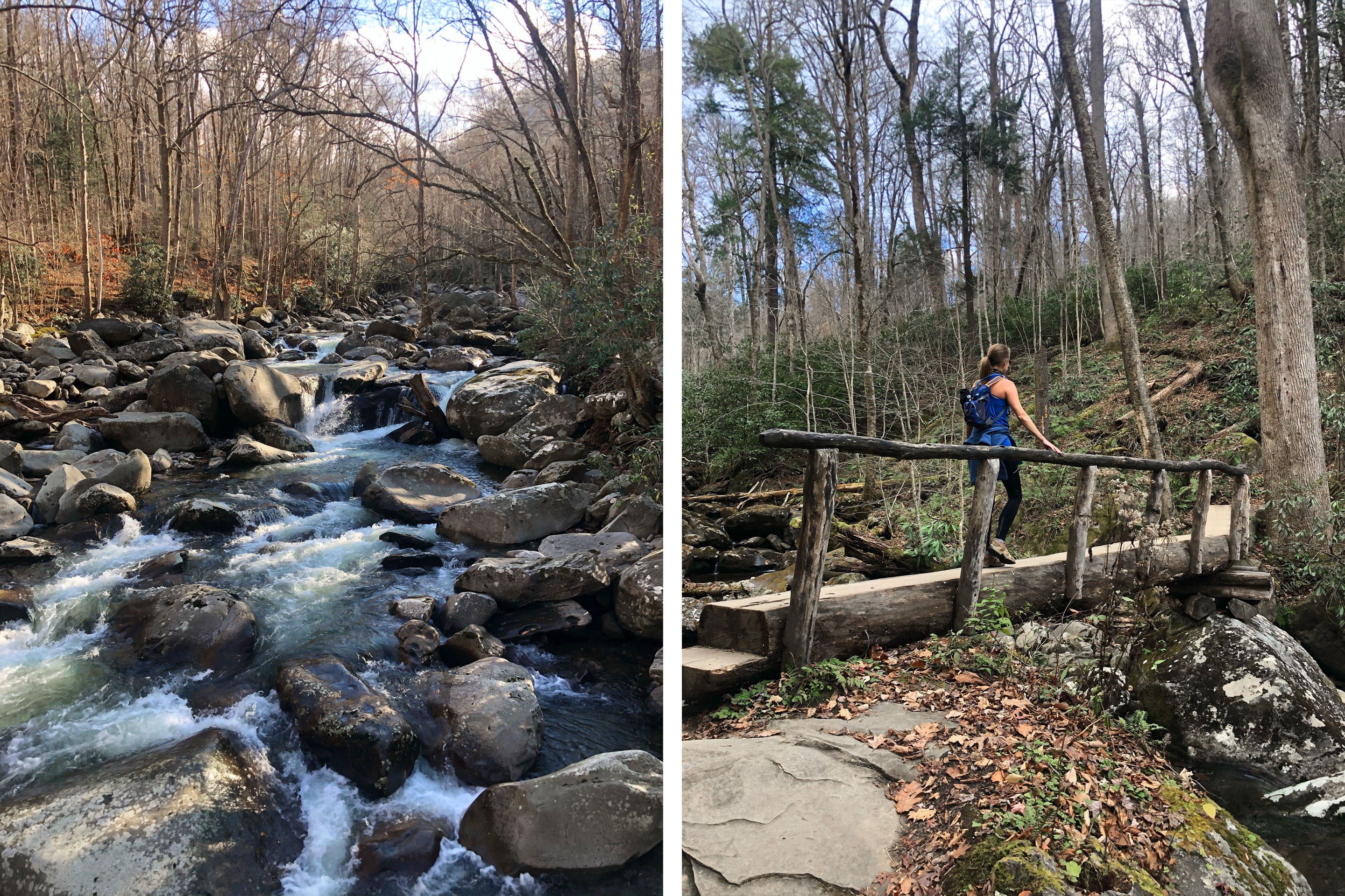 Left: A stream of water flowing through the woods and rocks. Right: Featured Contributor, Jennifer C. Harmon's friend walks across a log bridge over a stream.