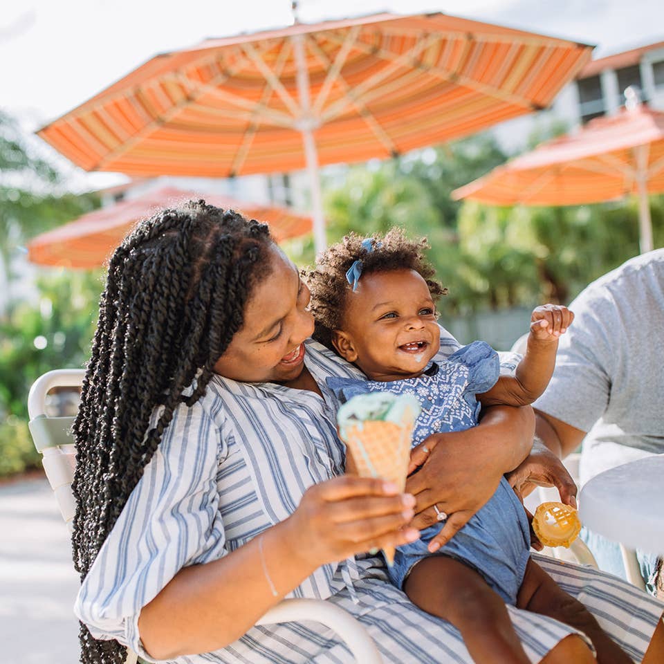Family enjoying ice cream at Orange Lake Resort near Orlando, Florida.