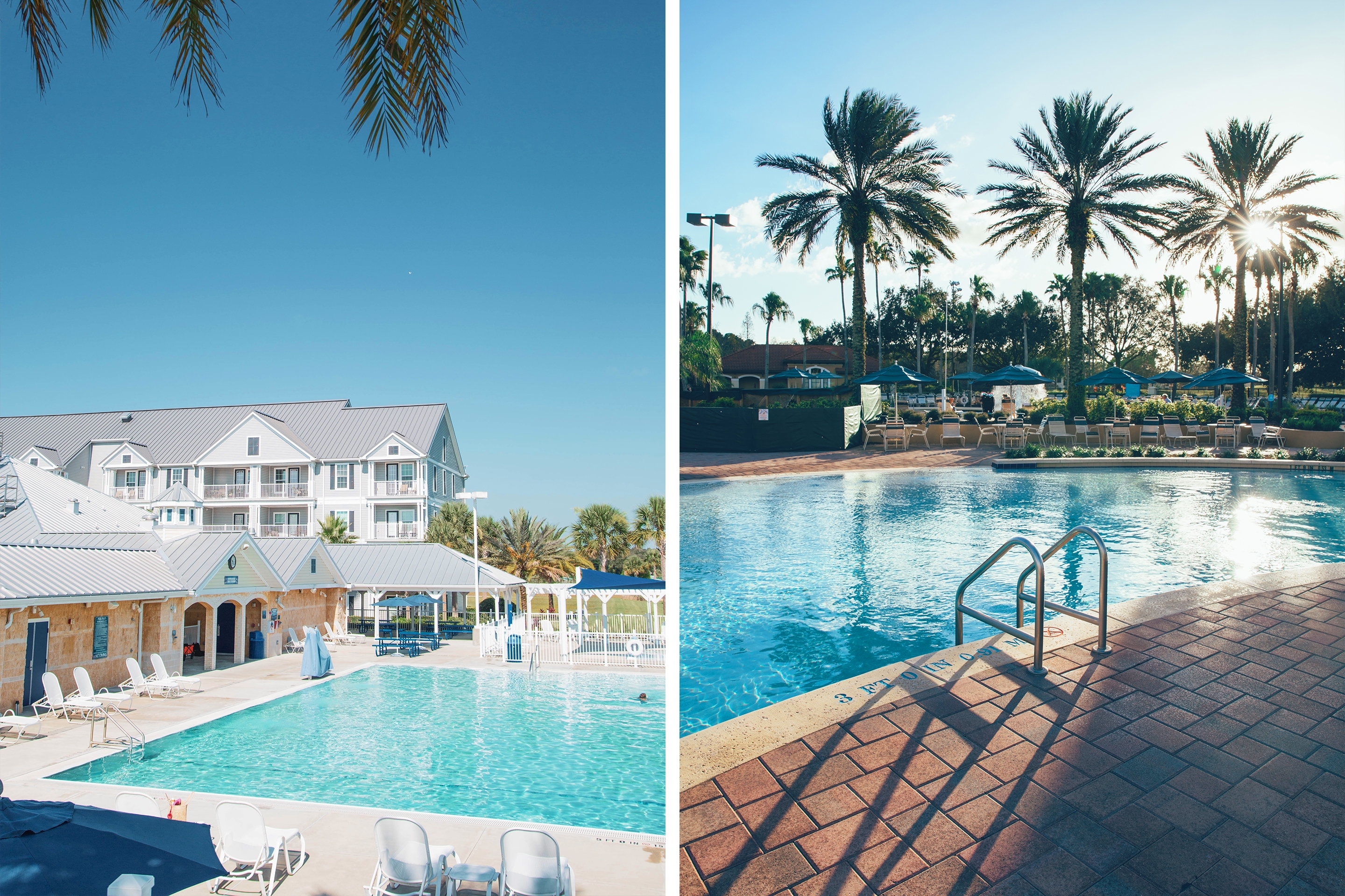 Left: An outdoor pool and building exterior. Right: An outdoor pool under palm trees.